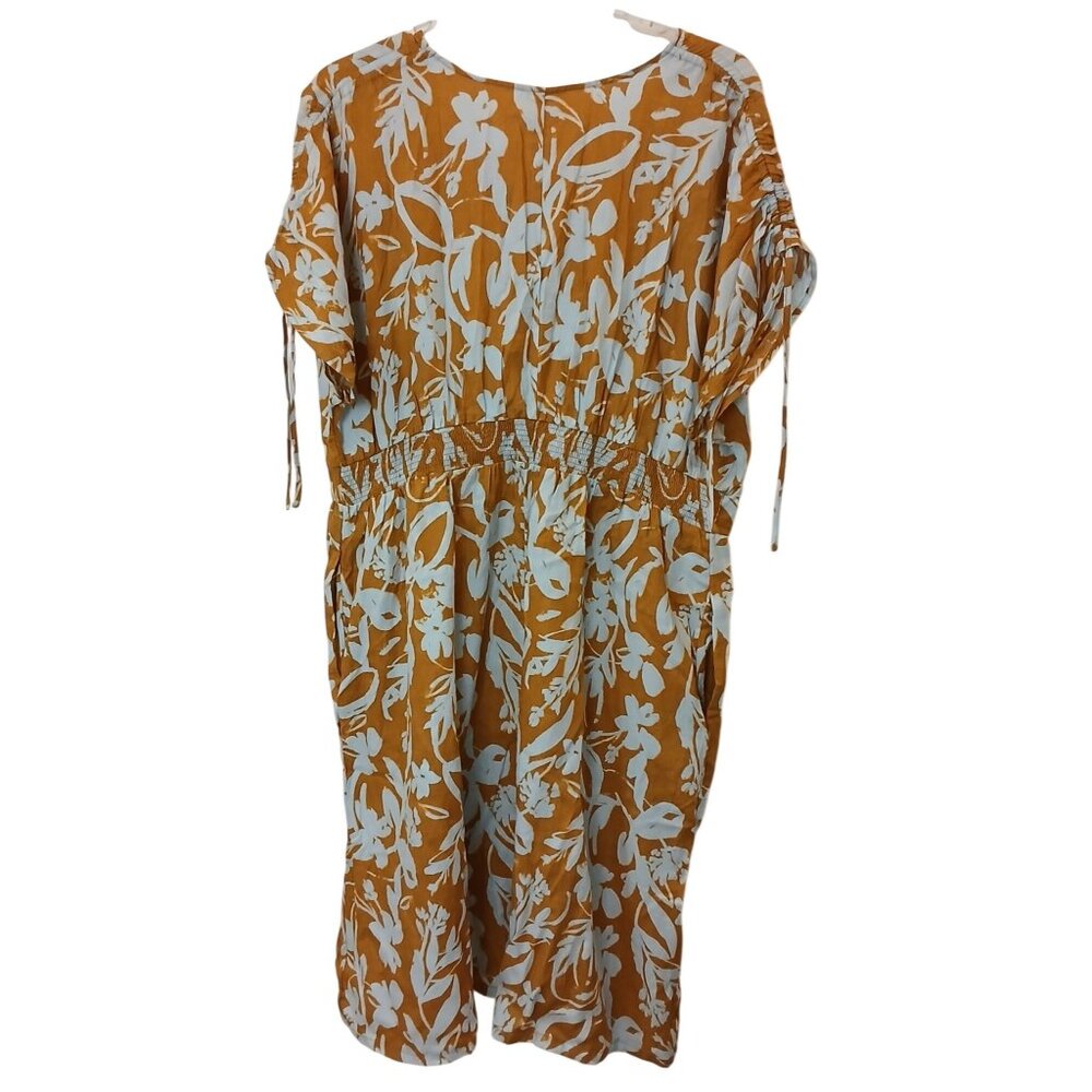 Ava & Viv Womens Floral VNeck Midi Dress 2X Gold White Lightweight Pockets #D-31 - Picture 2 of 8